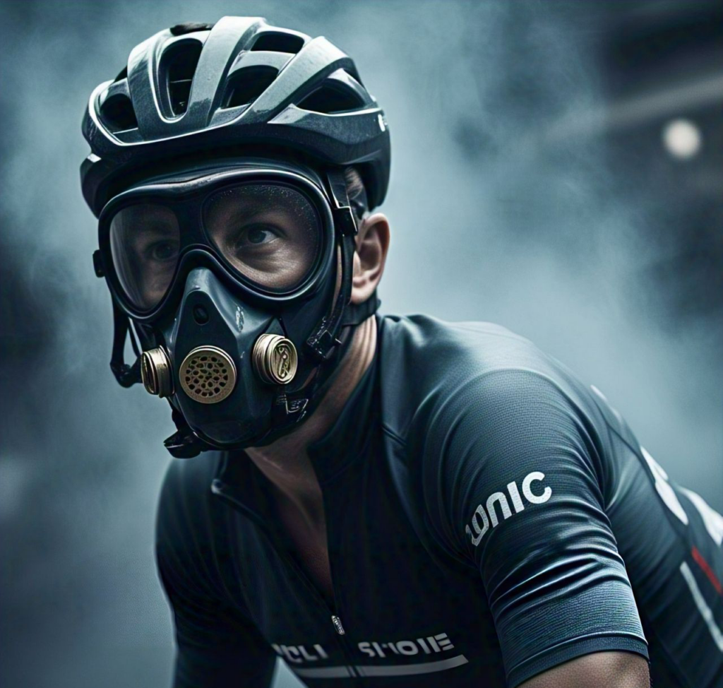 A cyclist wearing a gas mask surrounded by smoke, in a tongue in cheek representation of carbon-monoxide rebreathing.